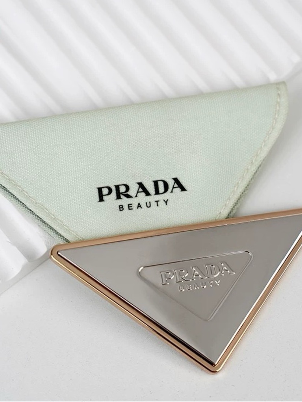 Prada Beauty Gold Triangle Compact Mirror with mint pouch